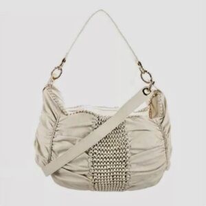 Diane Von Furstenburg DFV Kelli Leather Hobo Woven Bag Tote Ruched Tan Gold Soft